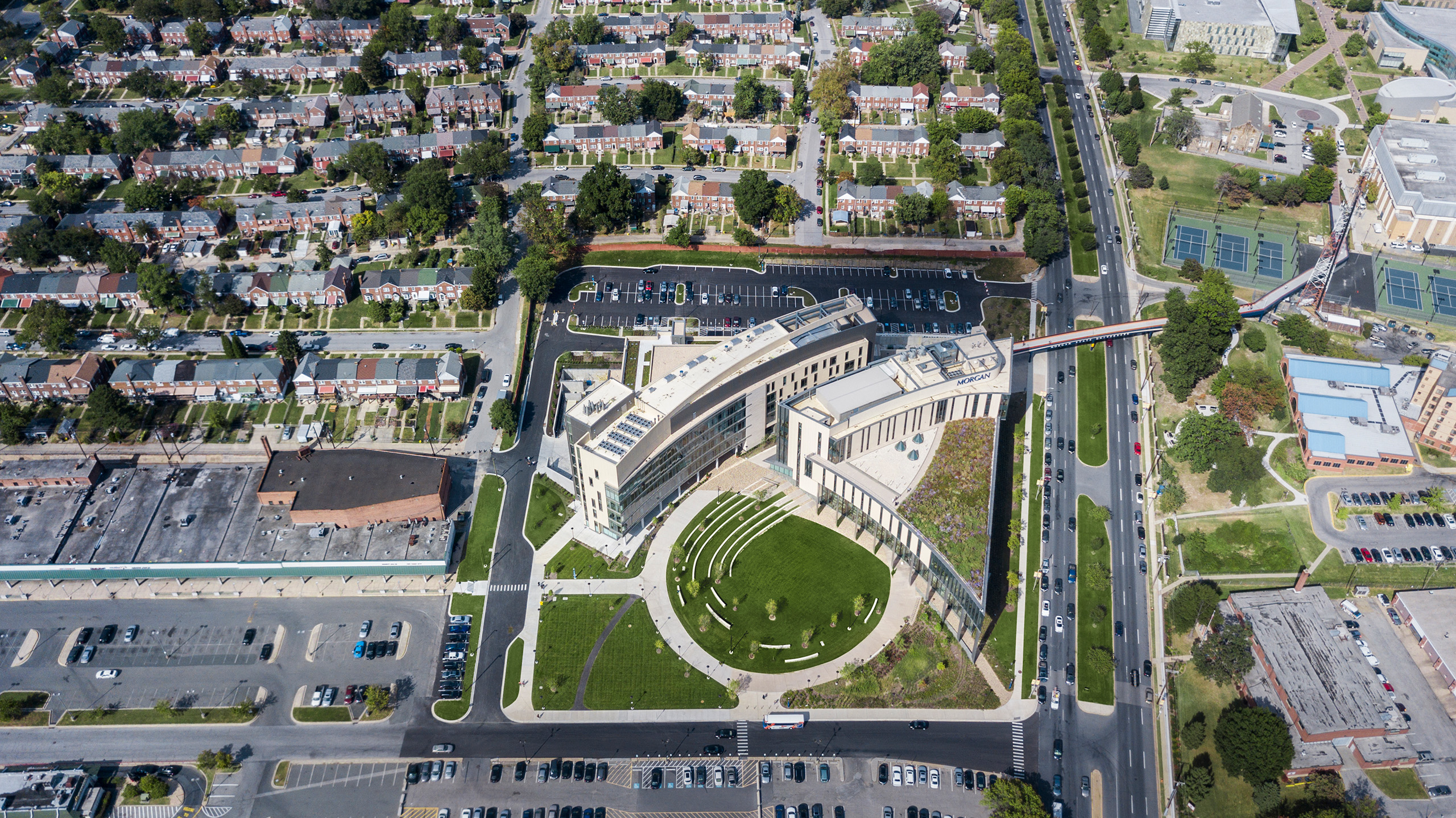 Aerial view of Morgan State University's campus and some of the construction projects Barton Malow has worked on